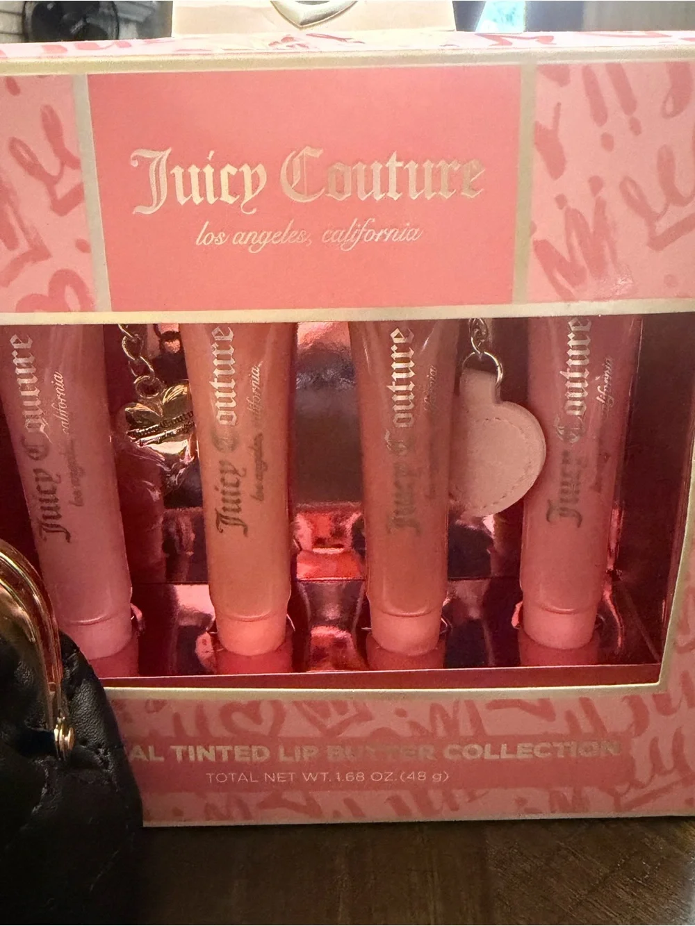 Juicy Couture Black Quilted Mini Coin Purse with Pink Tinted Lip Butter Set